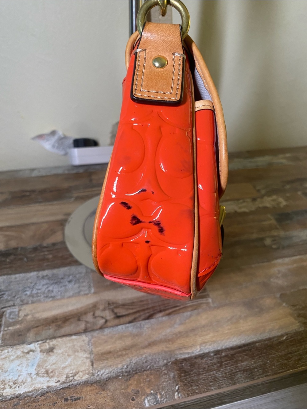 Coach Orange Patent Leather Signature Crossbody with Tan Trim - Picture 5 of 13